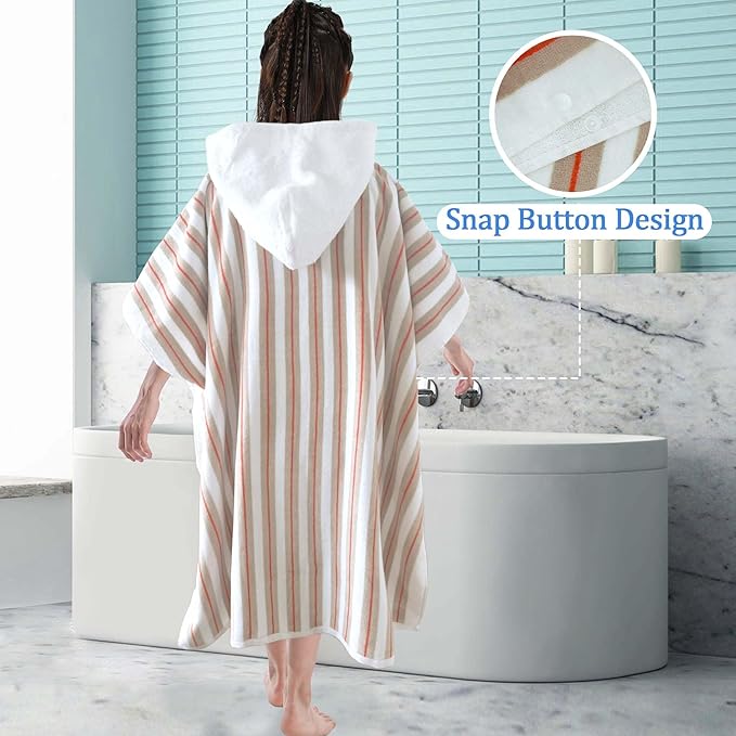 VOOVA & MOVAS Hooded Poncho Towel for Teens Unisex 100% Cotton Cozy Breathable Beach Camping Bath Cover Up Beige Red Stripe