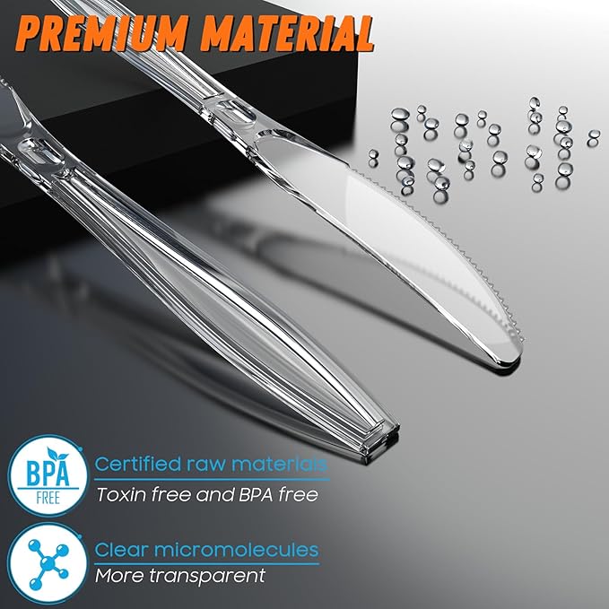 Dipoo 168pc 7.5" Clear Plastic Knives Heavy Duty Upgraded Heat Resistant & BPA Free, Solid and Durable Plastic Cutlery, Premium Disposable Knives, for Party Supply
