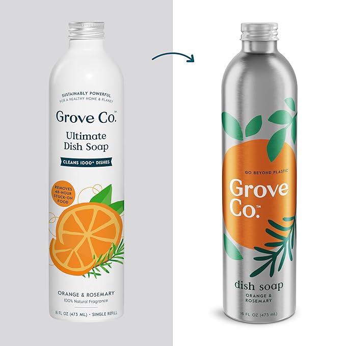 Grove Co. Ultimate Dish Soap Refills (3 x 16 Fl Oz) + Refillable Glass Dish Soap Dispenser for Kitchen Sink with Non-Slip Silicone Sleeve, Plastic Free Cleaning Products, Orange & Rosemary