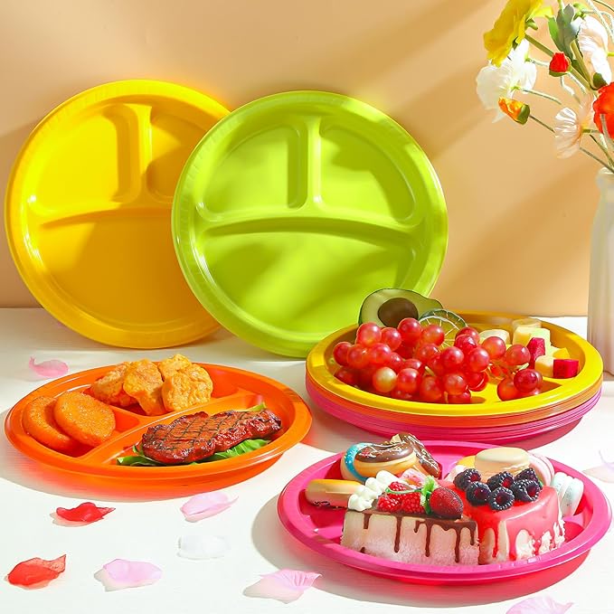 Teenyyou 50 Pcs 10 Inch Plastic 3 Compartment Divided Plates Heavy Disposable Round Dinner Plates with Dividers for Wedding Birthday Party Dinnerware (Neon Color)