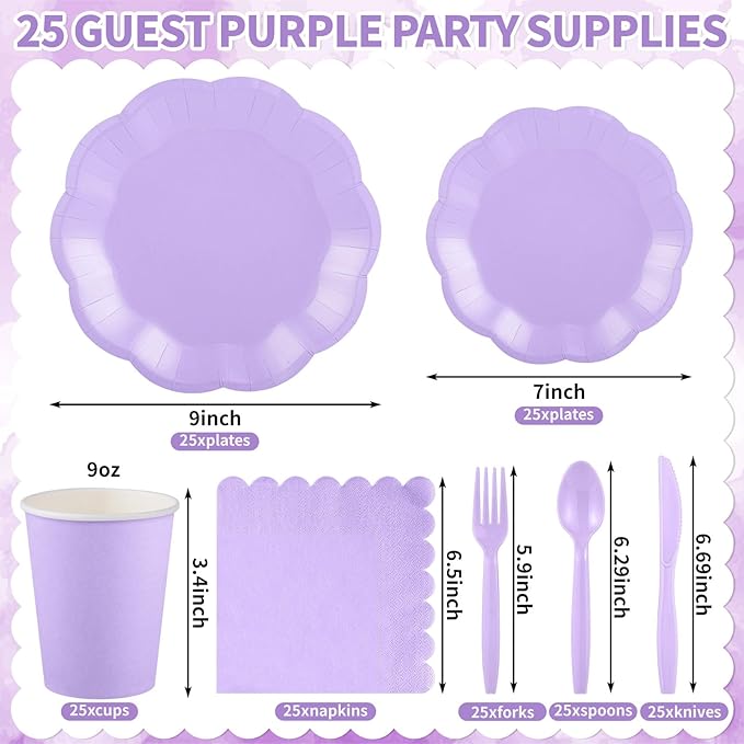 175 Pcs Light Purple Plates and Napkins Set, 25 Guest Purple Party Supplies Include Scalloped Plate Paper Napkin Cup Forks Knives Disposable Plastic Cutlery for Wedding Baby Shower Birthday Party
