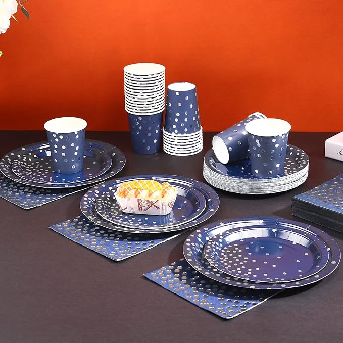 200pcs Blue and Silver Party Deorations Birthday Plates Disposable-Serve 50 Guests,Navy Blue Plates and Napkins Party Supplies for Wedding Anniversary Retirement Graduation Decorations