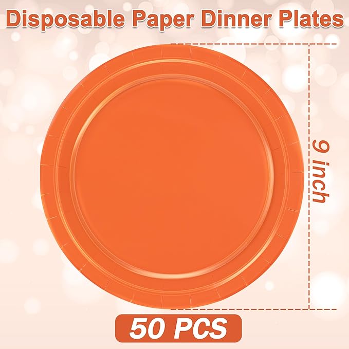 QZYL Disposable Paper Plates Set, 50 PCS Orange Dinner Paper Plates, Round 9 Inches Party Plates Pack for Daily Meal Picnic Anniversary Thanksgiving Festival Gathering Party Supplies