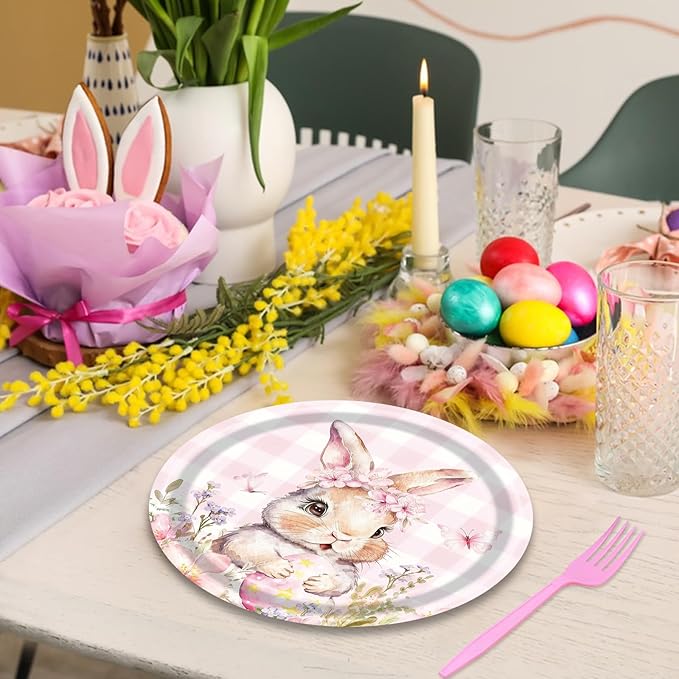 100 Pcs Easter Gingham Tableware Party Supplies - Disposable Pastel Plaid Bunny Dinnerware Set with Paper Plates and Napkins for Spring Parties,Easter Celebrations,and Holiday Gatherings - Serves 25
