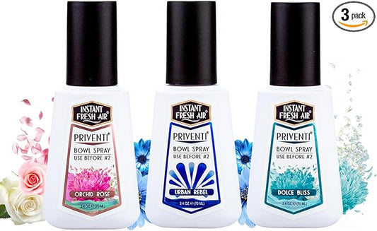 3-Pack - Priventi Bundle – Her/His/Everyone: Orchid Rose + Urban Rebel + Dolce Bliss, 2.4 oz Each | Instant Odor Eliminator | Bathroom Spray, Toilet Spray & Toilet Freshener for Home, Travel.