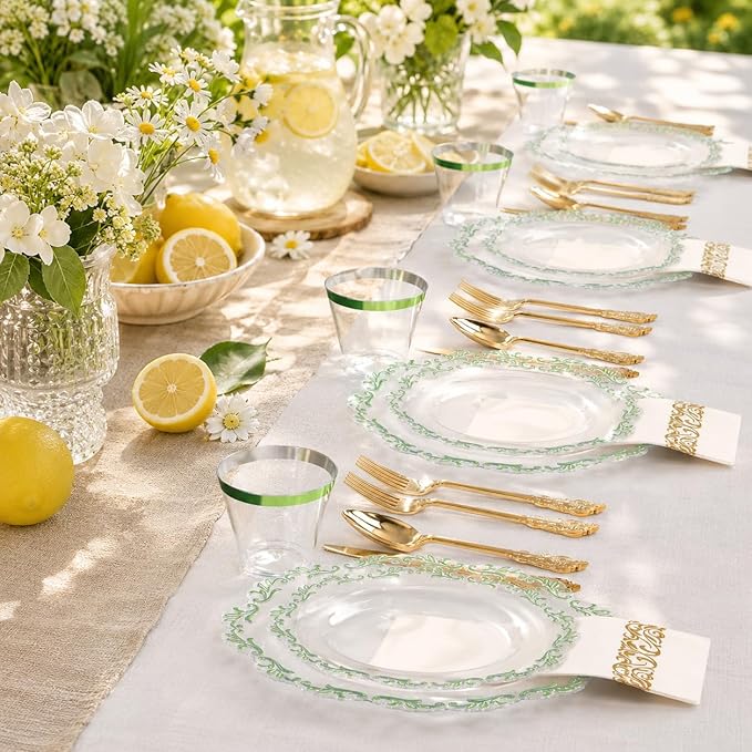 PULOTE 175PCS Green Plastic Plates - Clear Plastic with Green Rim Disposable - Include 25 Each (Dinner & Dessert) Plates, 75 Cutlery, 25 Cups, 25 Napkins, Idea for Wedding&Party