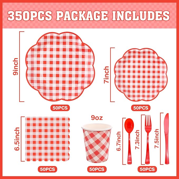 350 Pcs Red Gingham Plates and Napkins Party Supplies - Red and White Checkered Plates Sets Serve 50 Guests - Scalloped Gingham Paper Plate for Birthday Picnic Wedding Party Decorations