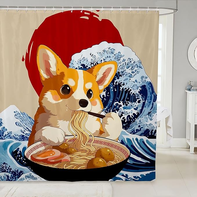 Japanese Corgi Dog Shower Curtain Set,Funny Dog Eat Noodles Bathroom Curtain ,Kids Girls Boys Japan Anime Sunset Wave Waterproof Curtains Cartoon Animal Bathtub Decor with 12 Hooks,72"W x 72"L