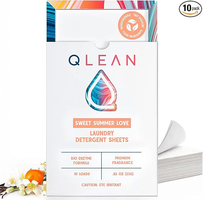 QLEAN Laundry Detergent Sheets Sweet Summer (10 Loads) – Travel Pack Plant-Based Biodegradable Laundry Strips, TSA-Friendly, Hypoallergenic, HE Compatible Eco Detergent Sheets
