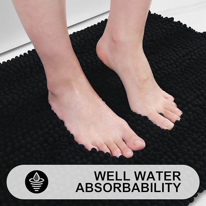 Grandaily Chenille Striped Bathroom Rugs 40x32, Extra Thick and Absorbent Bath Mats, Non-Slip Soft Plush Shaggy Shower Carpet, Machine Wash Dry, Bath Rug for Bathroom, Black