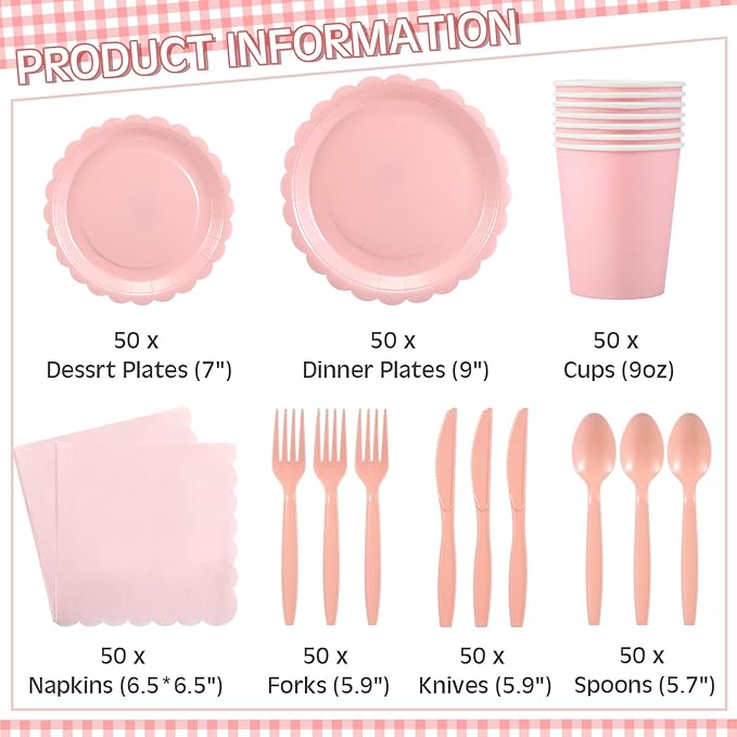 Ziliny 350 Pcs Light Pink Plates and Napkins, 50 Guest Spring Party Supplies Include Scalloped Paper Plates Napkins Cups Plastic Spoons Forks Knives Disposable Tableware Set for Baby Shower