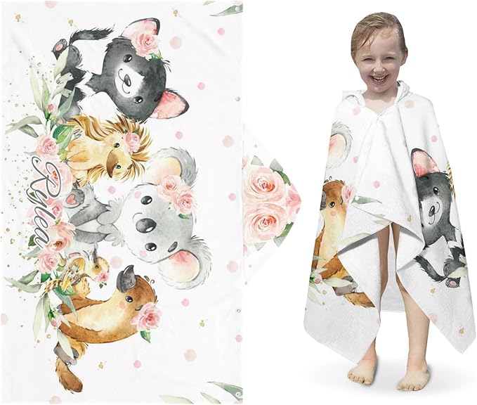Jungle Safari Animal Personalized Kids Hooded Towel with Name Soft Absorbent Beach Pool Bath Towels Hood Poncho for Boys Girls