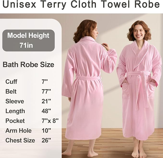 Women Bath Robe,Premium 100% Cotton Terry Shawl Collar Super Absorbent Bathrobe, Ideal Bathroom Robe,Pink