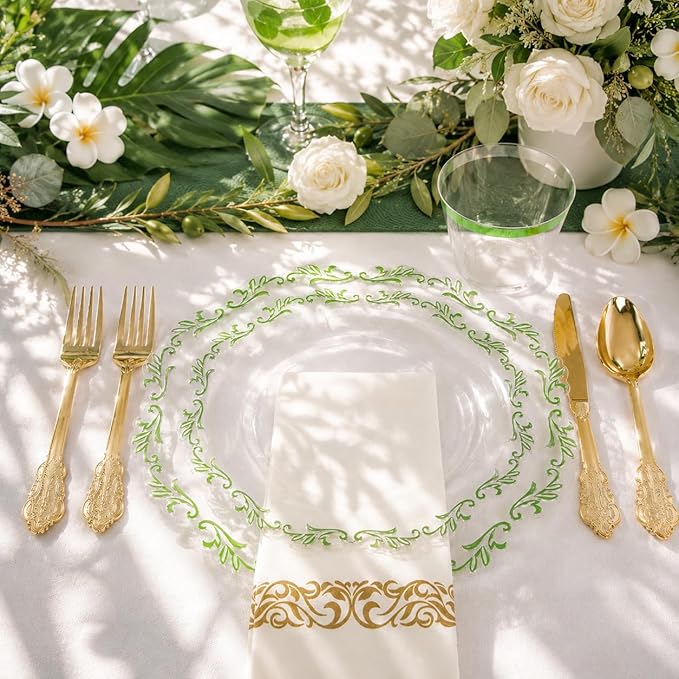 PULOTE 175PCS Green Plastic Plates - Clear Plastic with Green Rim Disposable - Include 25 Each (Dinner & Dessert) Plates, 75 Cutlery, 25 Cups, 25 Napkins, Idea for Wedding&Party