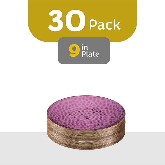 PLASTICPRO 30 Pack Hammered Plastic Plates Heavyweight Disposable Plastic Plates Elegant Translucent Purple Hammered Platsic Party Dishes with Gold Rim (Hamered Purple With Gold Rim, 9'' INCH PLATES)