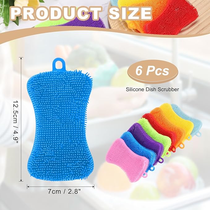 uxcell Silicone Dish Scrubber, 6 Pack Reusable Dishes Sponges Silicone Sponges Double Design for Kitchen Bathroom Cleaning Gadgets Accessories Countertop Cookware Pots Pans, Blue