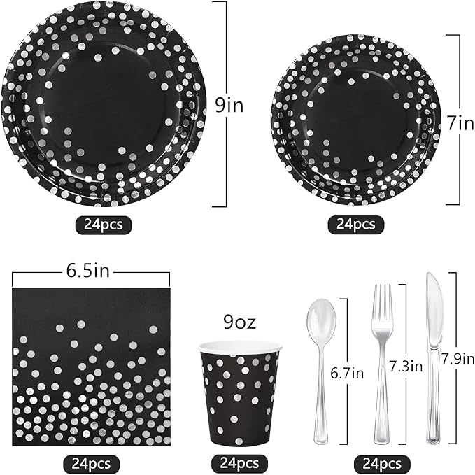 168Pcs Black and Silver Party Decorations, Black Plates and Cups and Napkins Sets Severs 24, Birthday Decorations for Prom Graduation Birthday Happy New Year Party