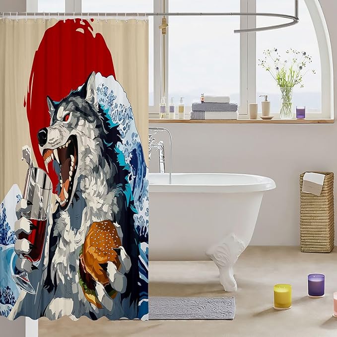 Funny Wolf Shower Curtain Set,Hamburgers and Drinks Food Bathroom Curtain with 12 Hooks,Kids Boys Teens Japanese Sunset Wave Waterproof Fabrics Anime Theme Animals Bathtub Decor,72"W x 78"L