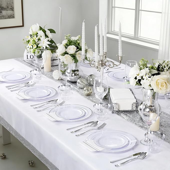 GATHER 350PCS Silver Plastic Plates - White and Silver Disposable Plates for 50 Guests Includes 100 Plate, 50 Napkins, 150 Silvery Cutlery and 50 Cups for Party & Wedding