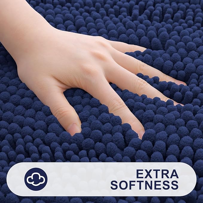 Grandaily Chenille Striped Bathroom Rugs 24x16, Extra Thick and Absorbent Bath Mats, Non-Slip Soft Plush Shaggy Shower Carpet, Machine Wash Dry, Bath Rug for Bathroom, (Small, Navy)