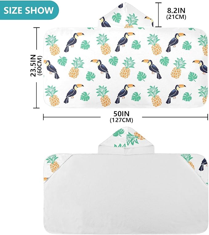 susiyo Kids Hooded Bath Towel Toucan Pineapple Beach Towel for Kids 23.5 x 50 Inch Microfiber Soft Absorbent Quick Dry Bath Swim Pool Towel Wrap Poncho Bathrobe with Hood for Kids Toddler