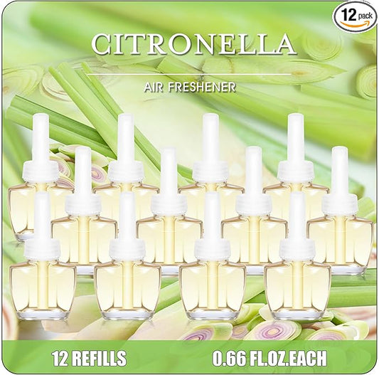 Plug In Air Freshener Refills, 12 Pack Citronella Scented Oil, Summer Fresh Aroma, Compatible with Air Wick & Glade, Not for Glade Plus, Home Fragrance 7.92 Fl Oz for Indoor, Backyard, Hallway