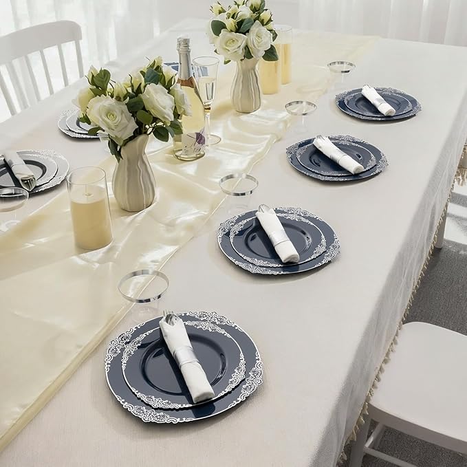 Bestluck 350PCS Navy Blue Plates for 50 Guests, Disposable Dinnerware Sets Include 100 Plastic Plates, 50 Silverwares, 50 Cups, and 50 Pre Rolled Napkins for Party, Wedding and Graduation