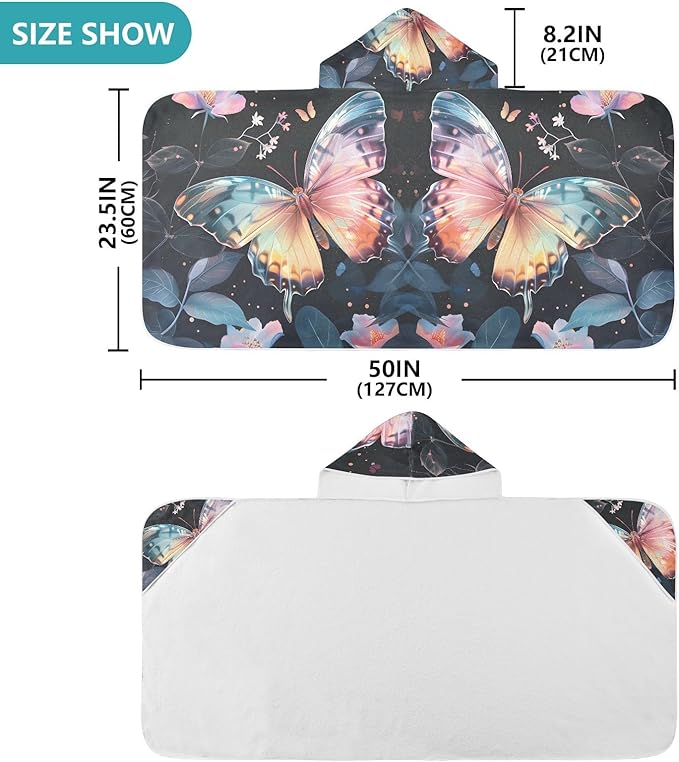 Hooded Towel for Kids Colored Butterfly Surrounded by Floating Spring Leaves Beach Wrap Bath Towels 50x23.5in