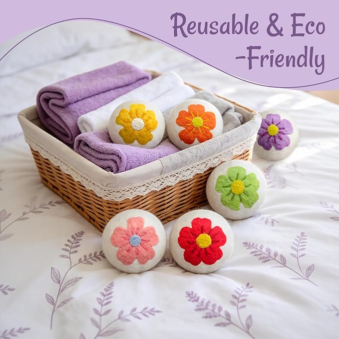 Wool Dryer Balls XL 6 Pack, Reusable Laundry Dryer Balls with Cute Floral Design, Reduce Drying Time, Soften Clothes, Anti Static, Eco Friendly Dryer Sheets Alternative