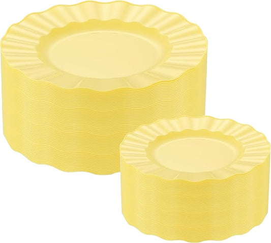60Pcs Yellow Plates, Heavy Duty Ware Yellow Plastic Plates Disposable, Fancy 30 Dinner & 30 Dessert Plates for Spring Easter Party Wedding(30Guests)