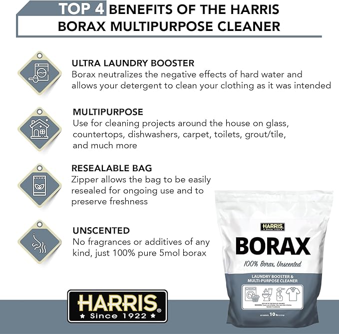 Harris Borax Powder Hard Water Laundry Booster and Multi-Purpose Cleaner, 10lb (Unscented)