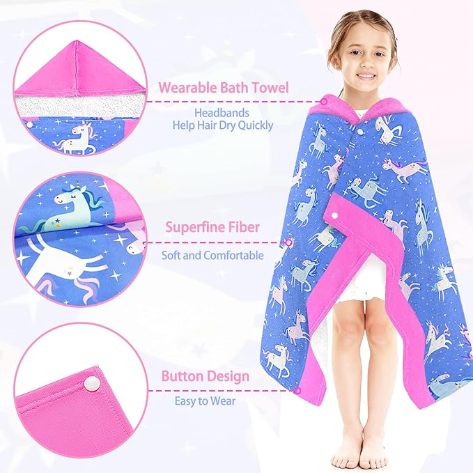Hooded Towels for Kids - Superfine Fiber Unicorn Toddler Hood Bath Towels Beach Hooded Poncho Absorbent Pool Toddler Swim Bath Wrap for Boys & Girls 3-10 Years Beach Essentials, 50*30 inches