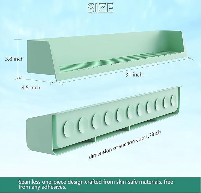 31 Inch Longer Kids Bathtub Water Splash Guard, Flexible Silicone Bath Toy Tray Holder with Strong Suction Cups, No Leak, Bathroom Essentials Ledge Shelf for Toddlers Baby Kids(Green)