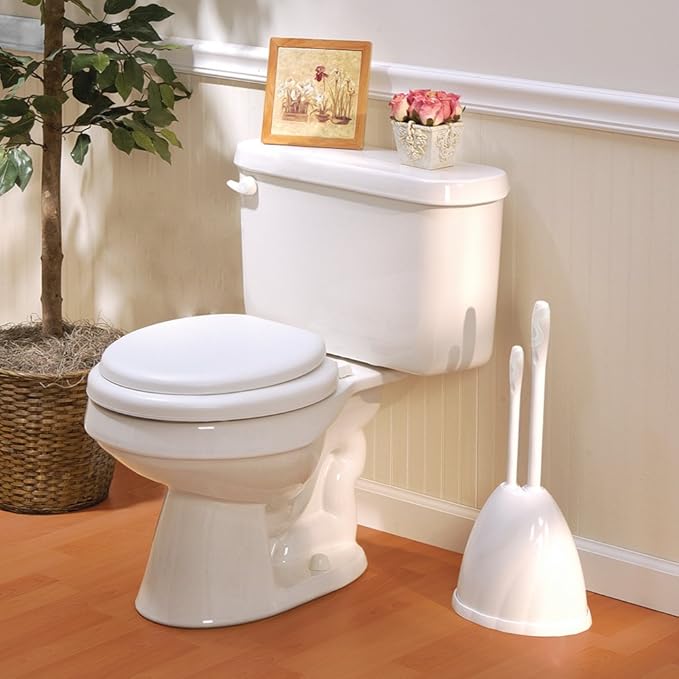 PlumbCraft Heavy-Duty Plunger, Toilet Brush, and Caddy 7506400, Versatile Bathroom Accessory Set and Apartment Must-Have, Toilet Plunger and Brush Set with Durable Hiding Caddy for Sanitary Storage