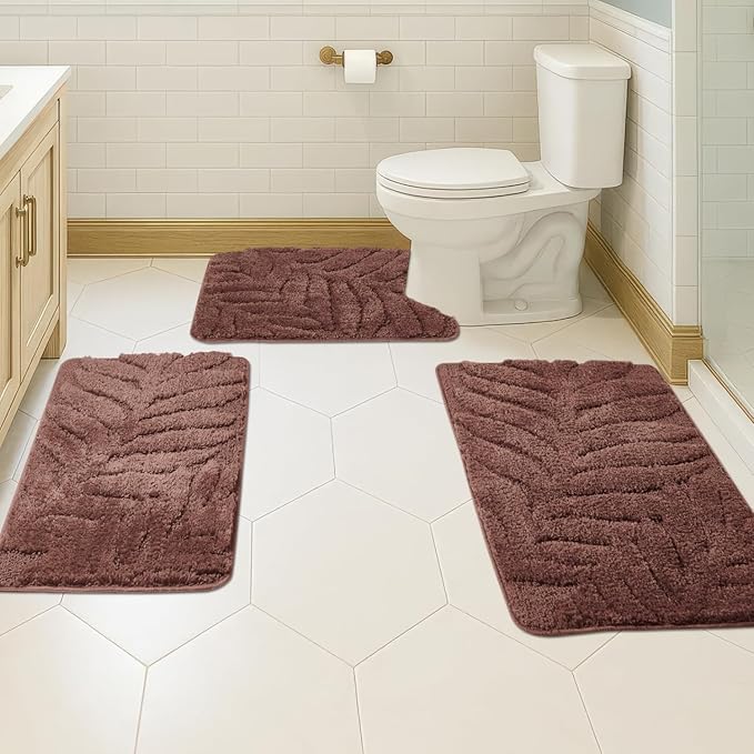 Bath Rugs Set 3 Pieces Bathroom Mat Soft Absorbent Plush Shaggy Soft Floor Non Slip Shower Bath Tub Machine Washable (Cocoa-Leaf, 20"x32"/20"x20"/17"x24")