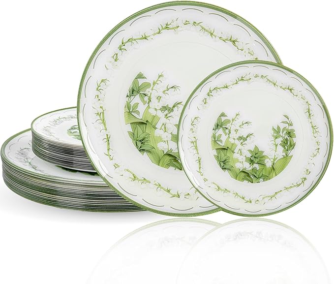 30Pcs White and Clear Plastic Plates - White Lily of the Valley Plates Disposable Heavy Duty,Perfect for Weddings, Tea Parties, Holidays - 10.25" Dinner & 7.5" Dessert Plastic Plate