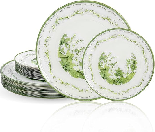 30Pcs White and Clear Plastic Plates - White Lily of the Valley Plates Disposable Heavy Duty,Perfect for Weddings, Tea Parties, Holidays - 10.25" Dinner & 7.5" Dessert Plastic Plate