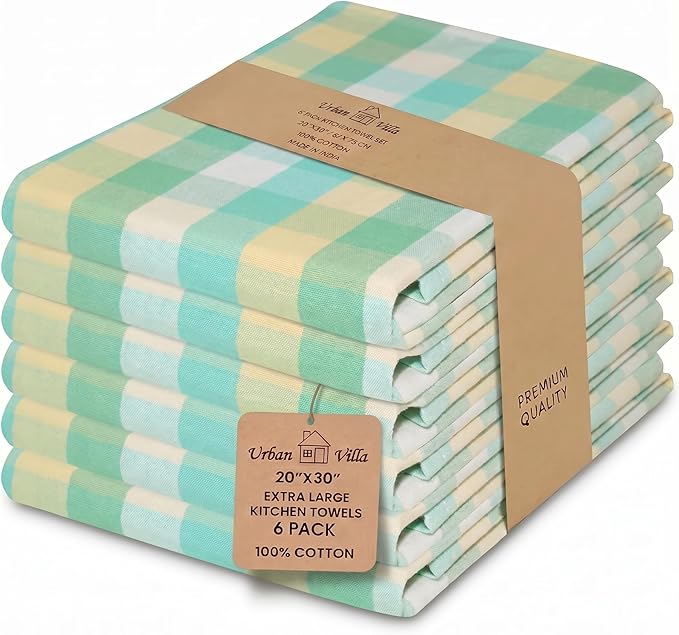 Urban Villa Kitchen Towels Set of 6 Green Sand Buffalo Checks Kitchen Towels 20X30 Inches 100% Cotton Highly Absorbent Kitchen Towels Premium Quality Ultra Soft Mitered Corners KitchenTowels