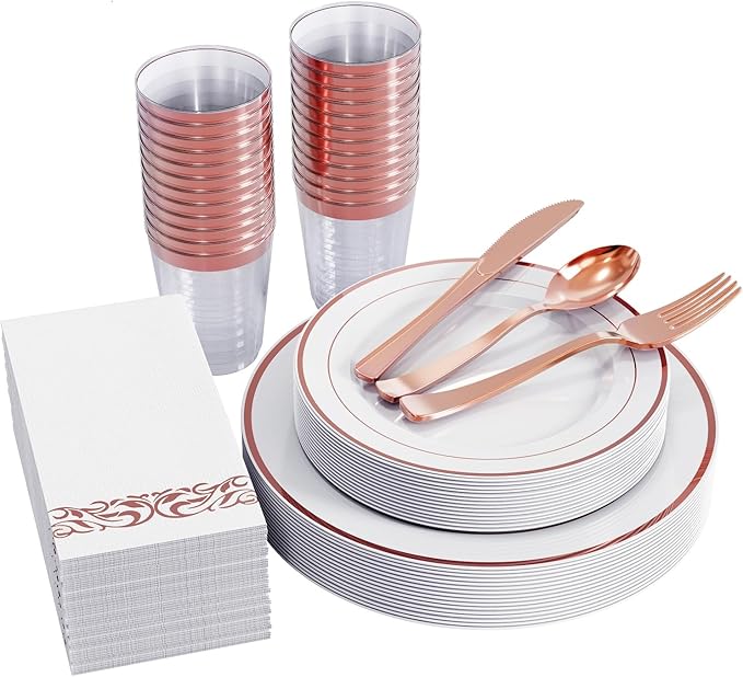 FOCUSLINE 175 Count Rose Gold Dinnerware Set for 25 Guests - Rose Gold Rimmed White Disposable Plastic Plates Heavy Duty, Includes 25 Dinner & Salad Plates, Cups, Cutlery Set for Wedding Parties