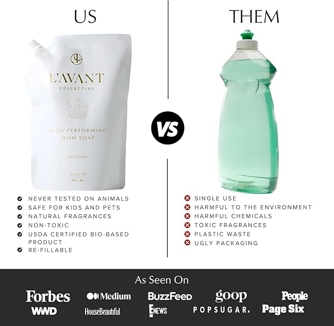 L'AVANT Collective Natural Luxury Dish Soap Refill | Plant-Based, Non-Toxic & Grease-Cutting, Refill for Glass Bottle, 32 Fl Oz | Fresh Linen