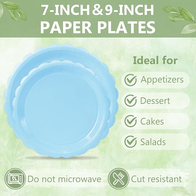 Mulbozy 100 Light Blue Paper Plates and Napkins Disposable Set Includes 25-9" & 25-7" Dessert Cake Scalloped Plates, Cocktail Napkins, Forks for for Holiday Party Supplies