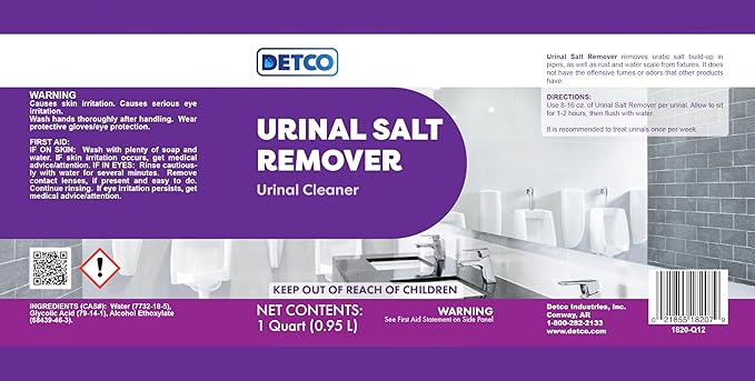 Urinal Salt Remover Concentrate - Safe on Pipes and Plumbing, Odor Control, Cleans Rust, Scale, and Uratic Salt Build-Up, Case of 12