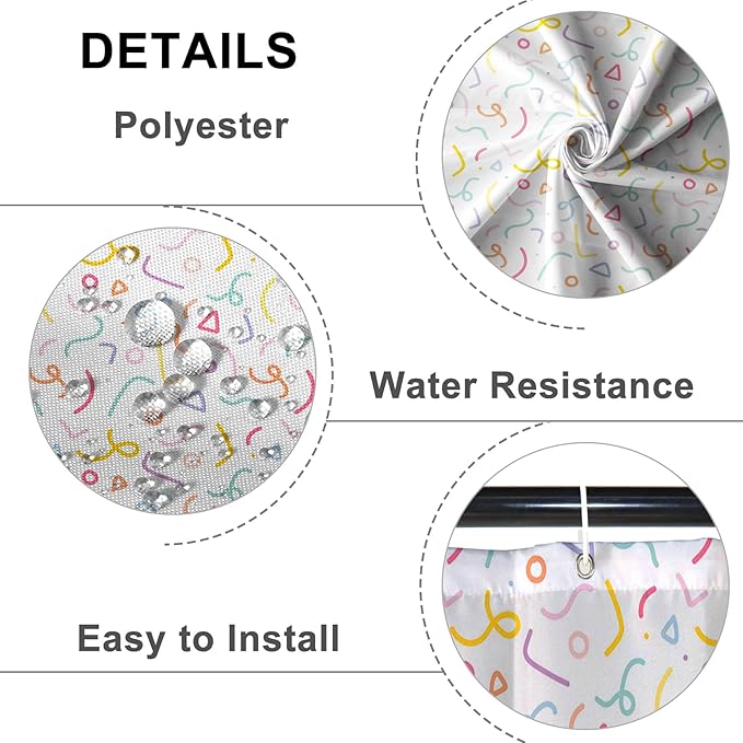 Cute Colorful Doodle Shower Curtains Playful Confetti Shower Curtain Decorative for Bathroom Pastel Waterproof Fabric Bathroom Decorations with Hooks 36x72 Inches
