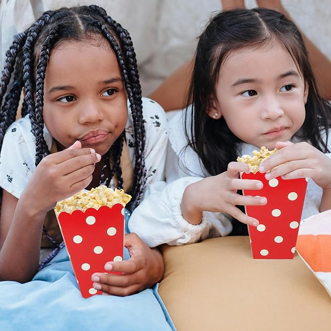 XIEHE 24 Pack Striped Popcorn Boxes - Carnival Parties Mini Paper Popcorn and Candy Containers, Party Supplies for Movie Nights (Red Dot)