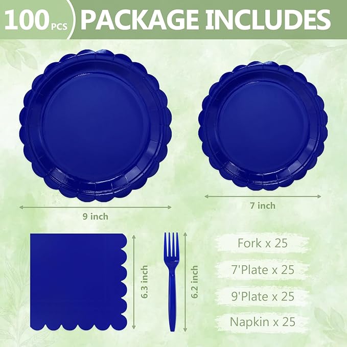Mulbozy 100 Royal Blue Plates and Napkins Disposable Set Includes 25-9" & 25-7" Dessert Cake Scalloped Plates, Cocktail Napkins, Forks for for Holiday Party Supplies