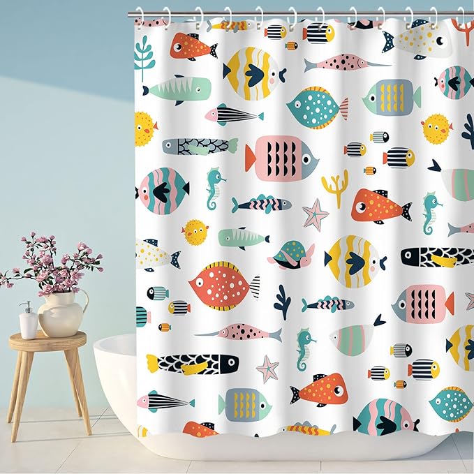 RosieLily Fish Shower Curtain, Kids Bathroom Shower Curtain, Nautical Shower Curtain Set with 12 Hooks, Waterproof Colorful Animal Cartoon Fish Bathroom Decor, 72x78