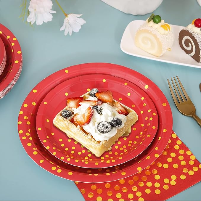 168Pcs Red and Gold Party Decorations, Red Plates and Napkins Party Supplies Serve 24, for Birthday Chinese New Year, Valentines, Mardi Gras