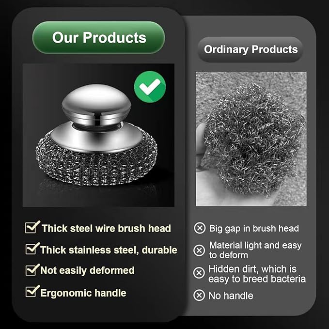 2Pack Steel Wool Dish Scrubber, Stainless Steel Dish Brush with Ergonomic Stainless Steel Handle, for Cleaning Dishes, Cast Iron, Stock Pots, Pans, Griddles, Grills