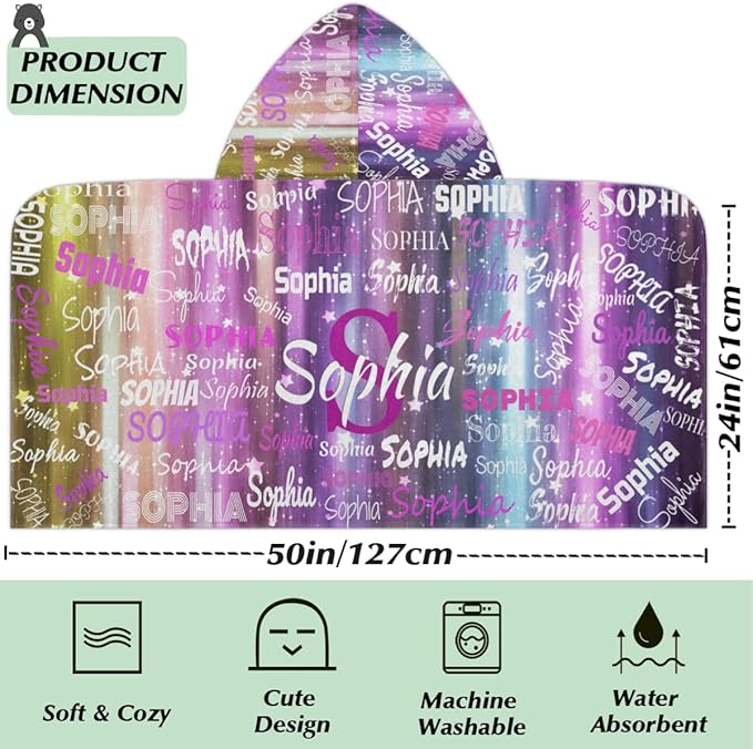 Custom Kids Hooded Bath Towel with Name, Personalized Name Hooded Towel for Boys Girls, Customized Beach Towel Gift for Children, 24" x 50", Purple Yellow Stripes with Stars