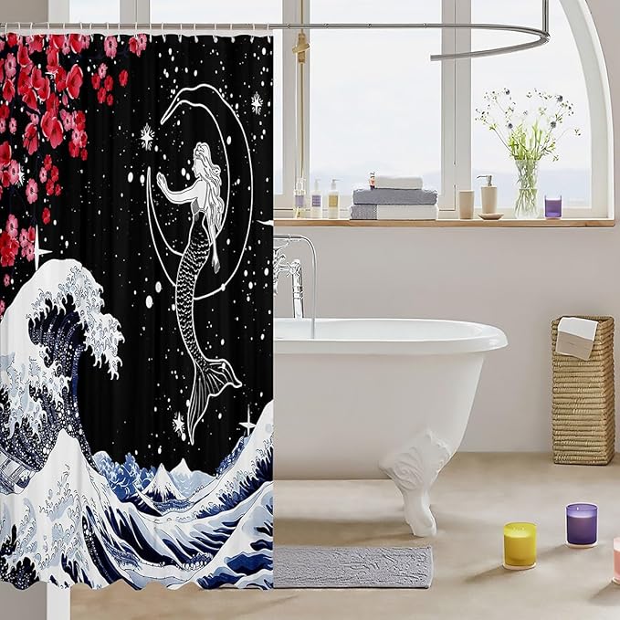 Cherry Blossom Shower Curtain Starry Sky Mermaid Waterproof Shower Curtain 72"Wx72"L,Japan Ukiyoe Theme Bath Curtain Japanese Sea Waves Mount Fuji Botanical Flower Ethnic Kawaii Room Decor